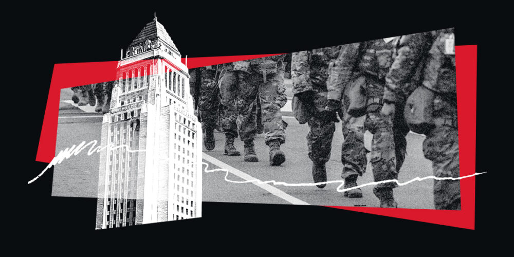 A image featuring a collage of images pertaining to domestic militarization.
