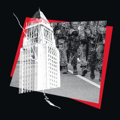 Start red and black image showing troops on our streets.