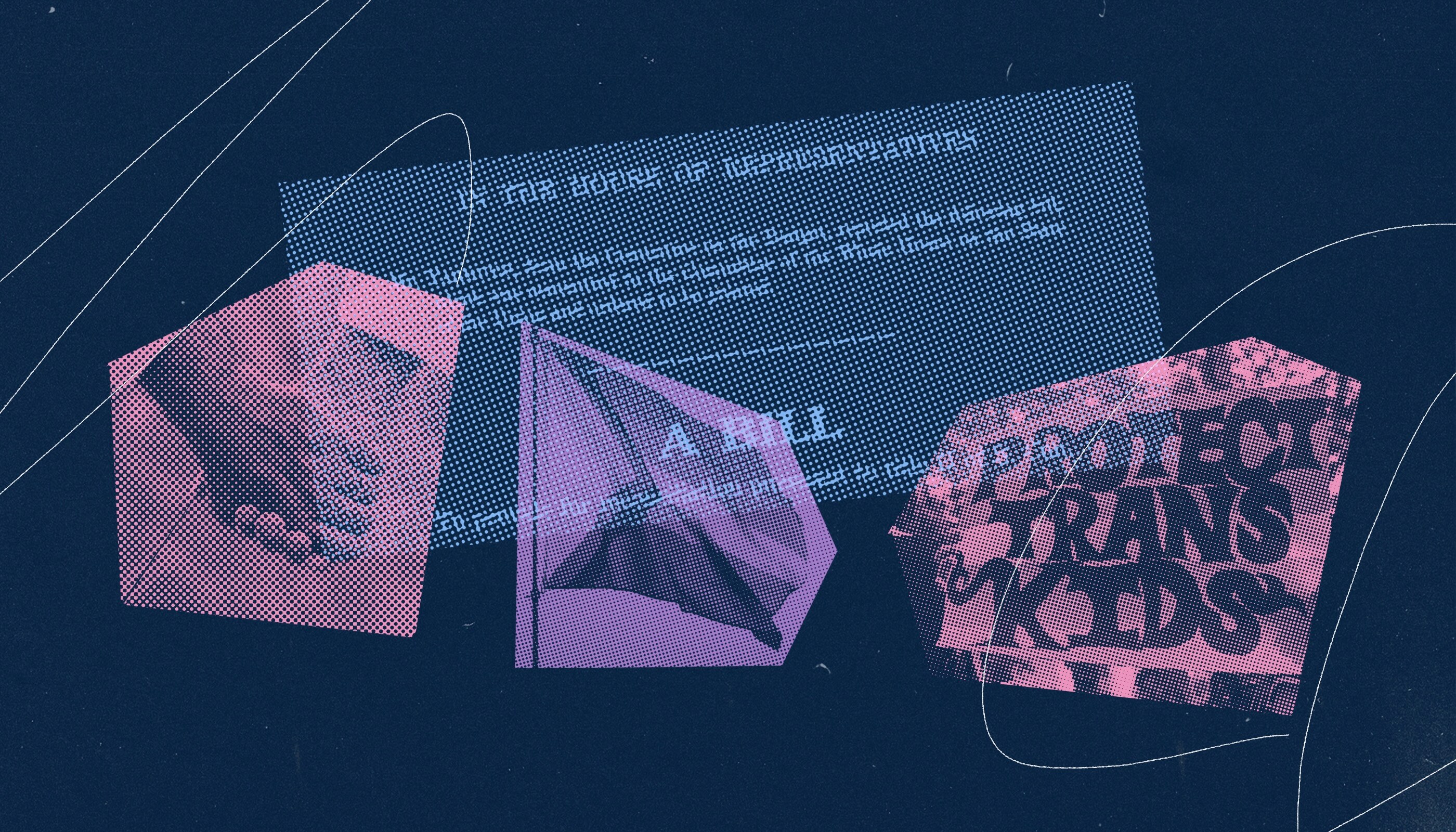 A blue and purple collage image with the trans pride flag, the text of a bill, and a sign that says "protect trans kids"