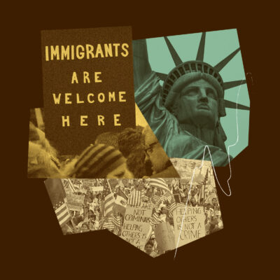 Multicultural protest collage with the Statue of Liberty and a message reading Immigrants are welcome here.