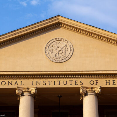 Exterior view of the main historic building of National Institutes of Health (NIH) inside Bethesda campus.
