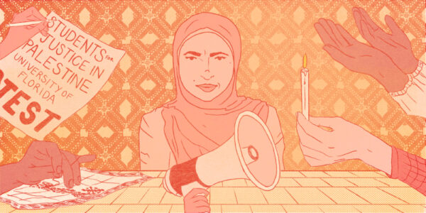 An illustration of a woman wearing a hijab in front of a megaphone.