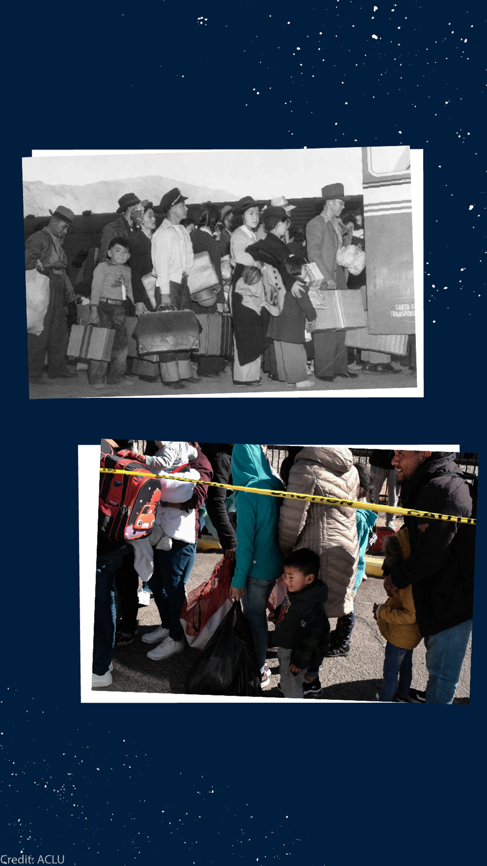 A collage of two photographs on a navy blue background—one black and white and one in color—depict American citizens of Japanese descent, including children, standing in line as they await relocation to internment camps during World War II.