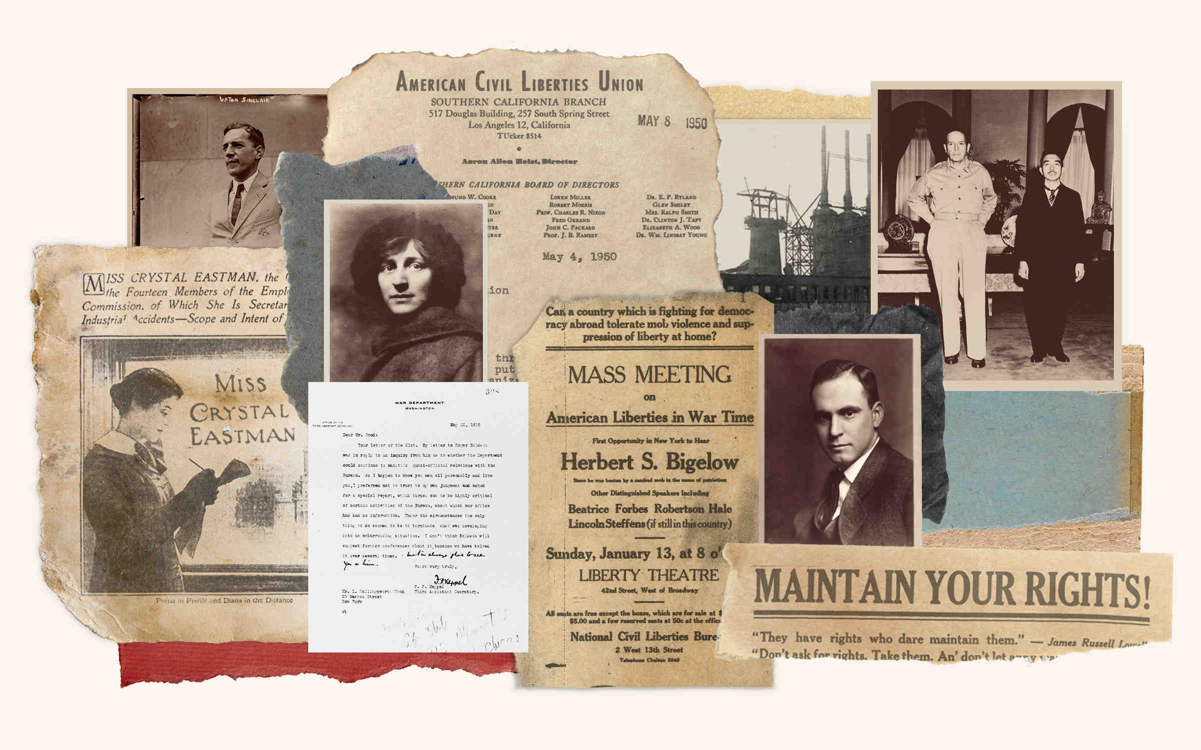 Newspaper clippings of ACLU news from the 1950s; images of Crystal Eastman and other ACLU leaders