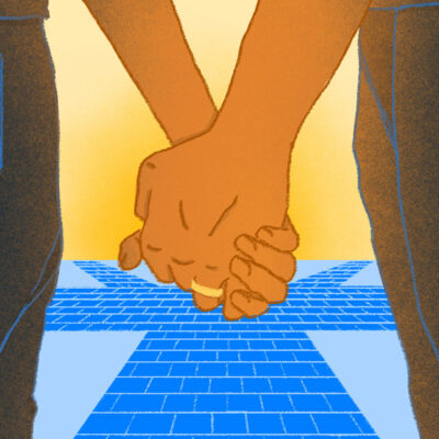 An animation of a married couple holding hands.