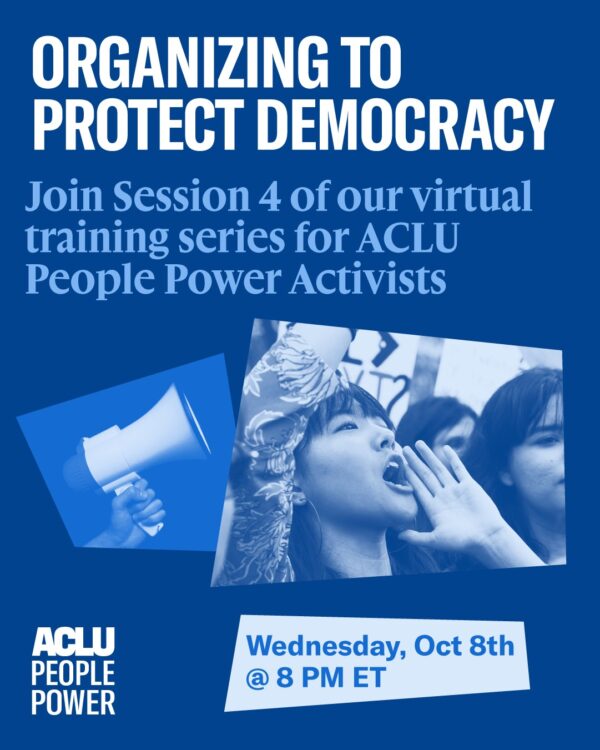 Royal blue flyer of ACLU virtual training series on Thursday, Oct 8th