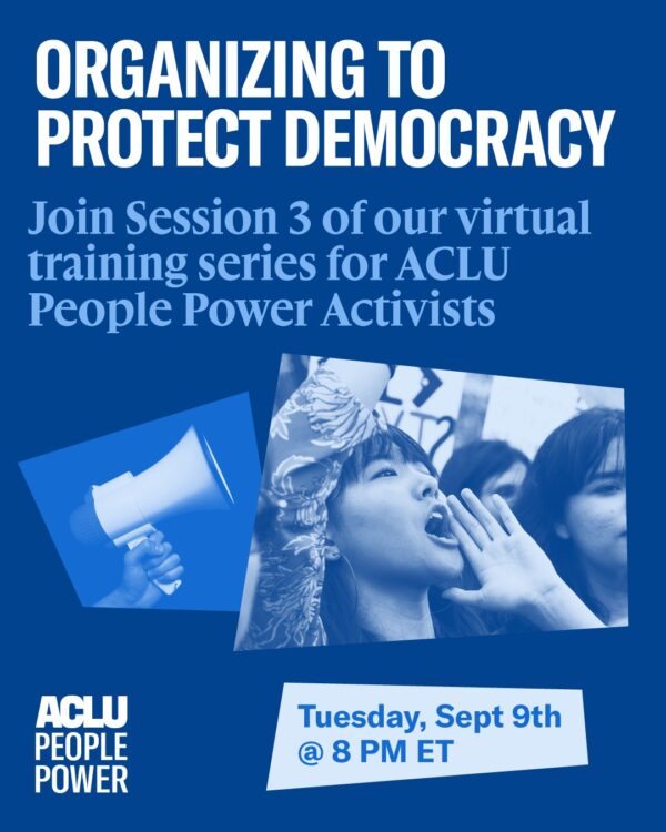 Royal blue flyer of ACLU virtual training series on Thursday, Sept 9th