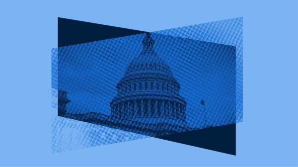 A blue collage of the United States Capitol building.