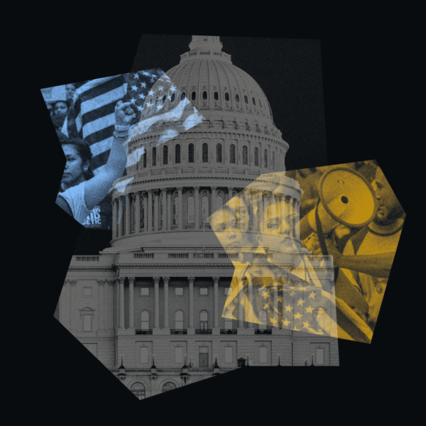 Cutouts of images of protests and the Capitol.