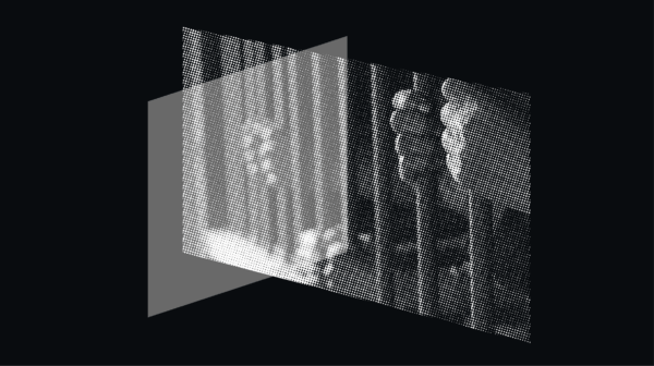 A black and white collage featuring hands holding onto bars of a prison cell.